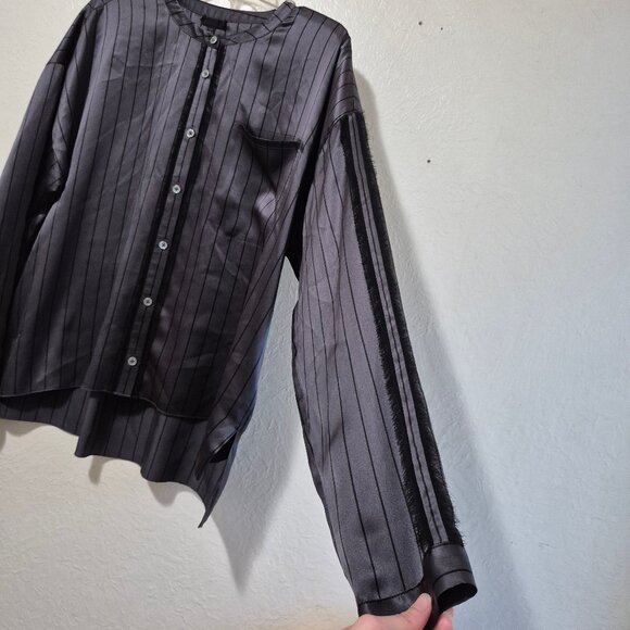 ATM Grey Silk Striped Tuxedo Pajama Blouse Size L Designer WorkMenswearInspired - Picture 7 of 16